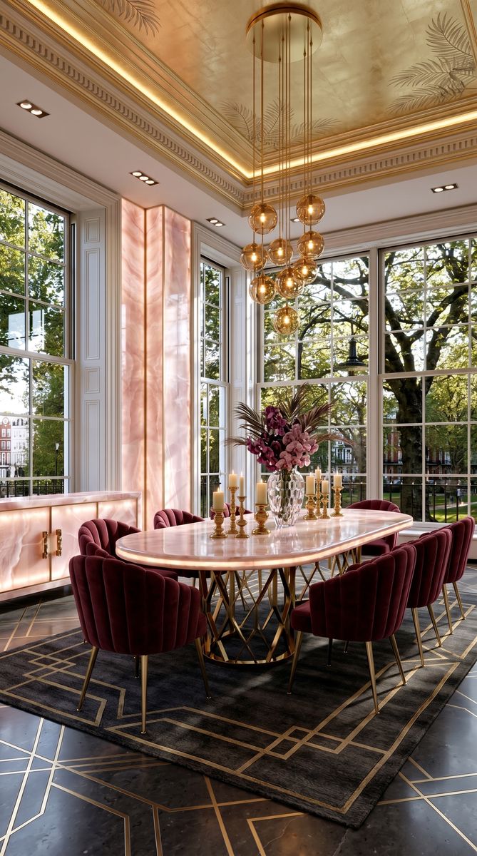 AI-generated Classic Onyx Pink dining room with backlit pink onyx walls, pink onyx dining table, burgundy velvet chairs, and gold chandelier