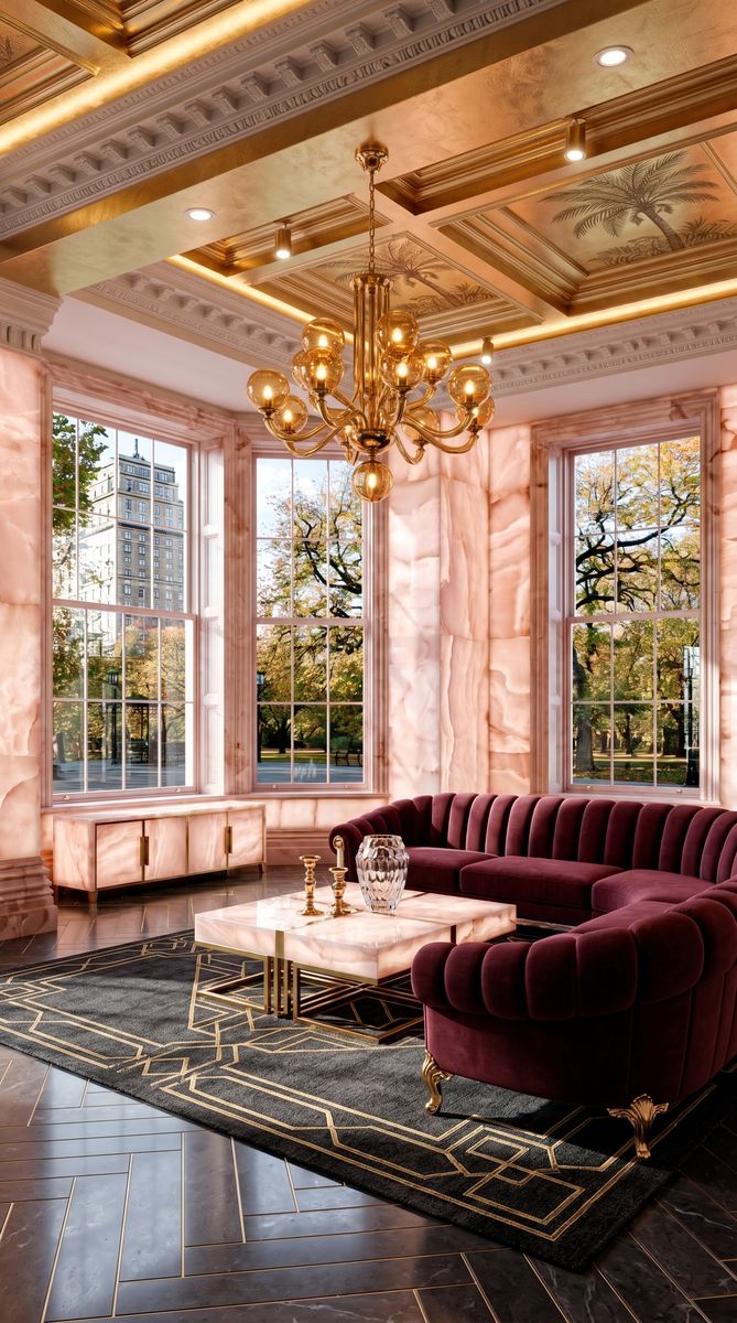 AI-generated Classic Onyx Pink living room with backlit pink onyx walls, burgundy velvet sectional, gold leaf palm ceiling, and dark charcoal stone