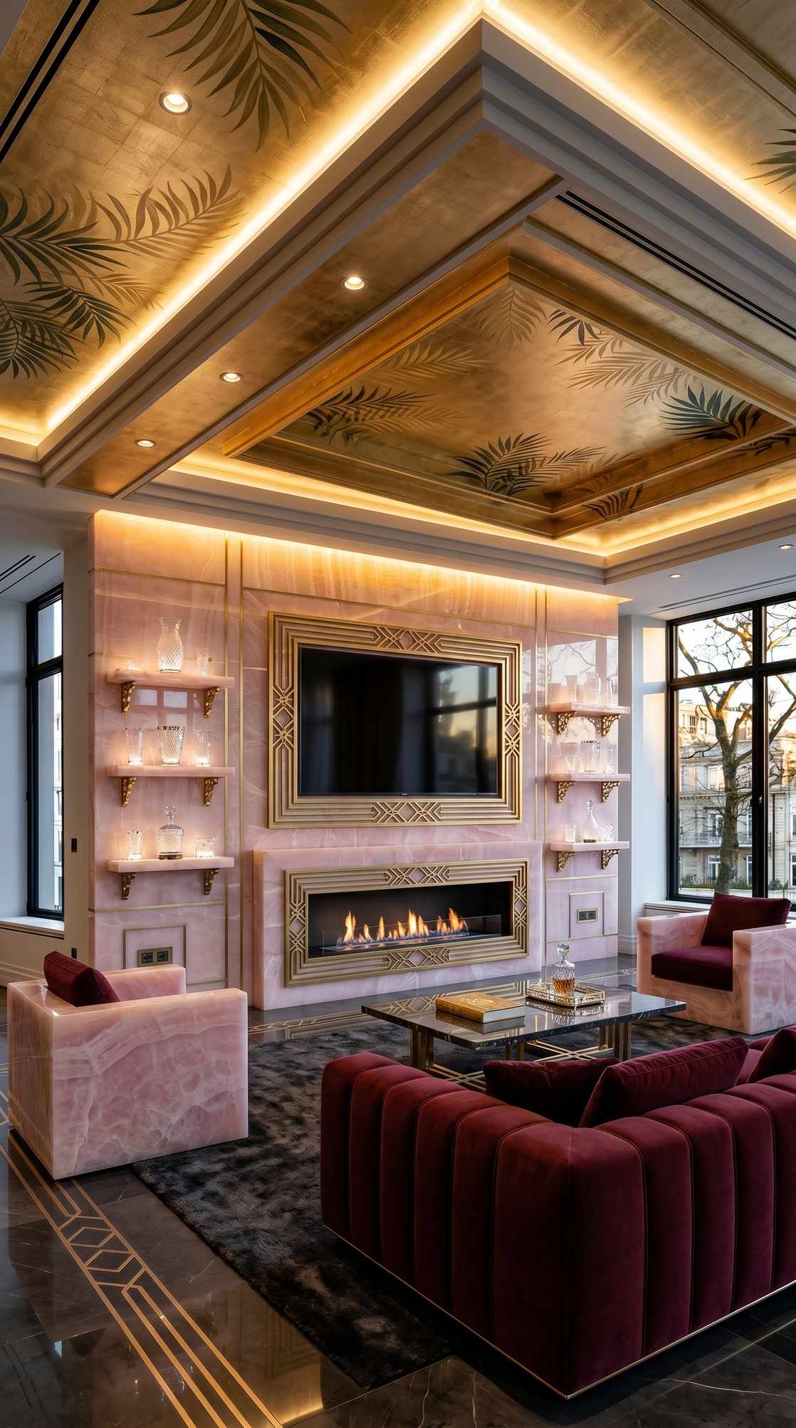 AI-generated Classic Onyx Pink media wall with backlit pink onyx panels, recessed TV, linear fireplace, and burgundy velvet sofa