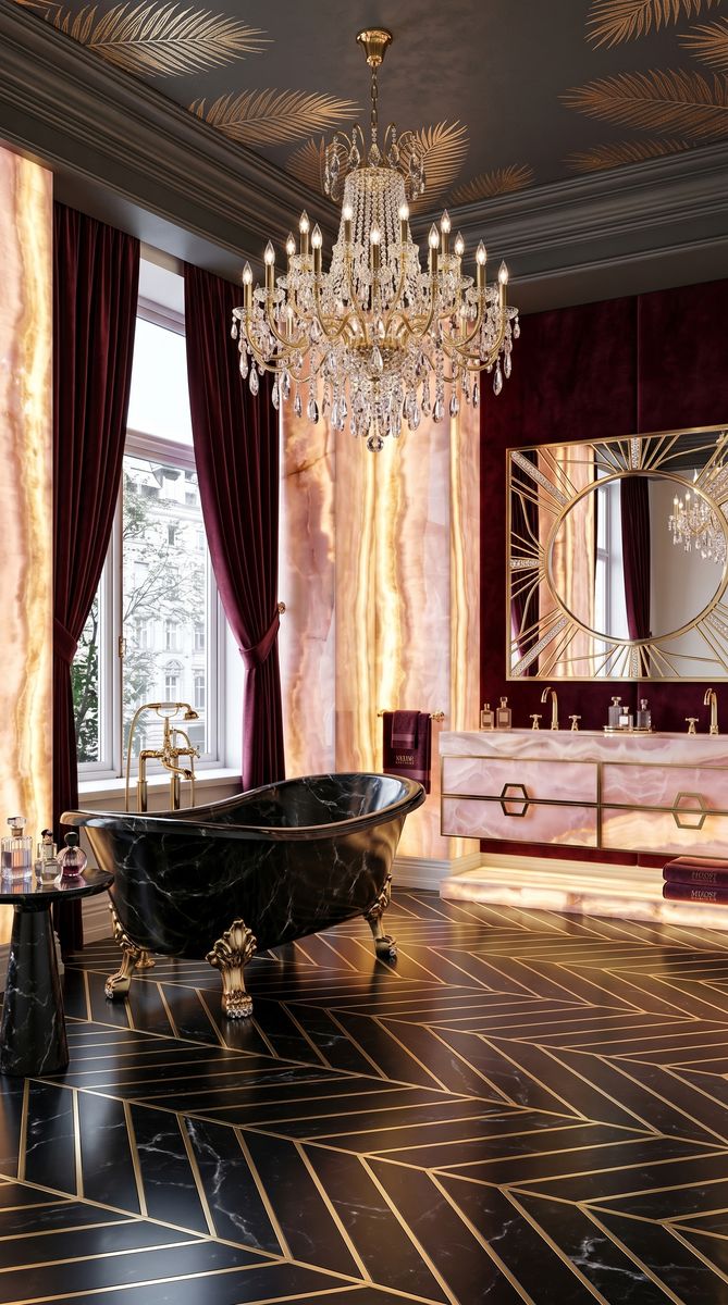 AI-generated Luxe Onyx Pink bathroom with intense backlit pink onyx walls, black marble bathtub, and crystal chandelier with 24 arms