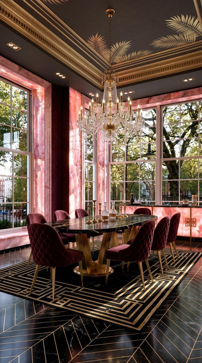 AI-generated Luxe Onyx Pink dining room with intense backlit pink onyx walls, black marble dining table, and crystal chandelier with 24 arms