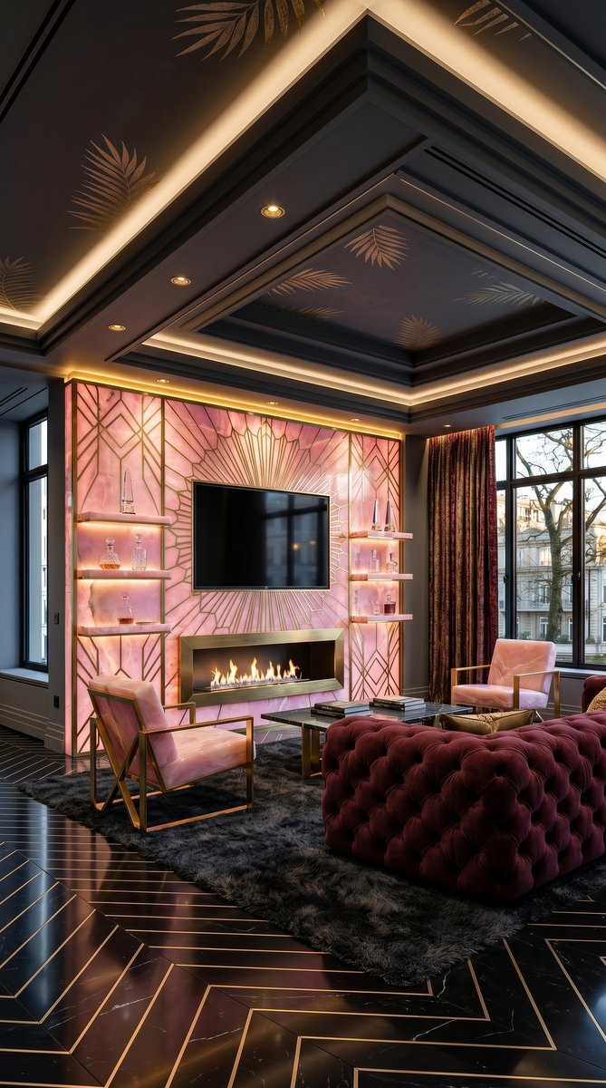 AI-generated Luxe Onyx Pink media wall with intense backlit pink onyx panels, recessed TV with gold geometric sunburst inlay, and burgundy velvet sofa