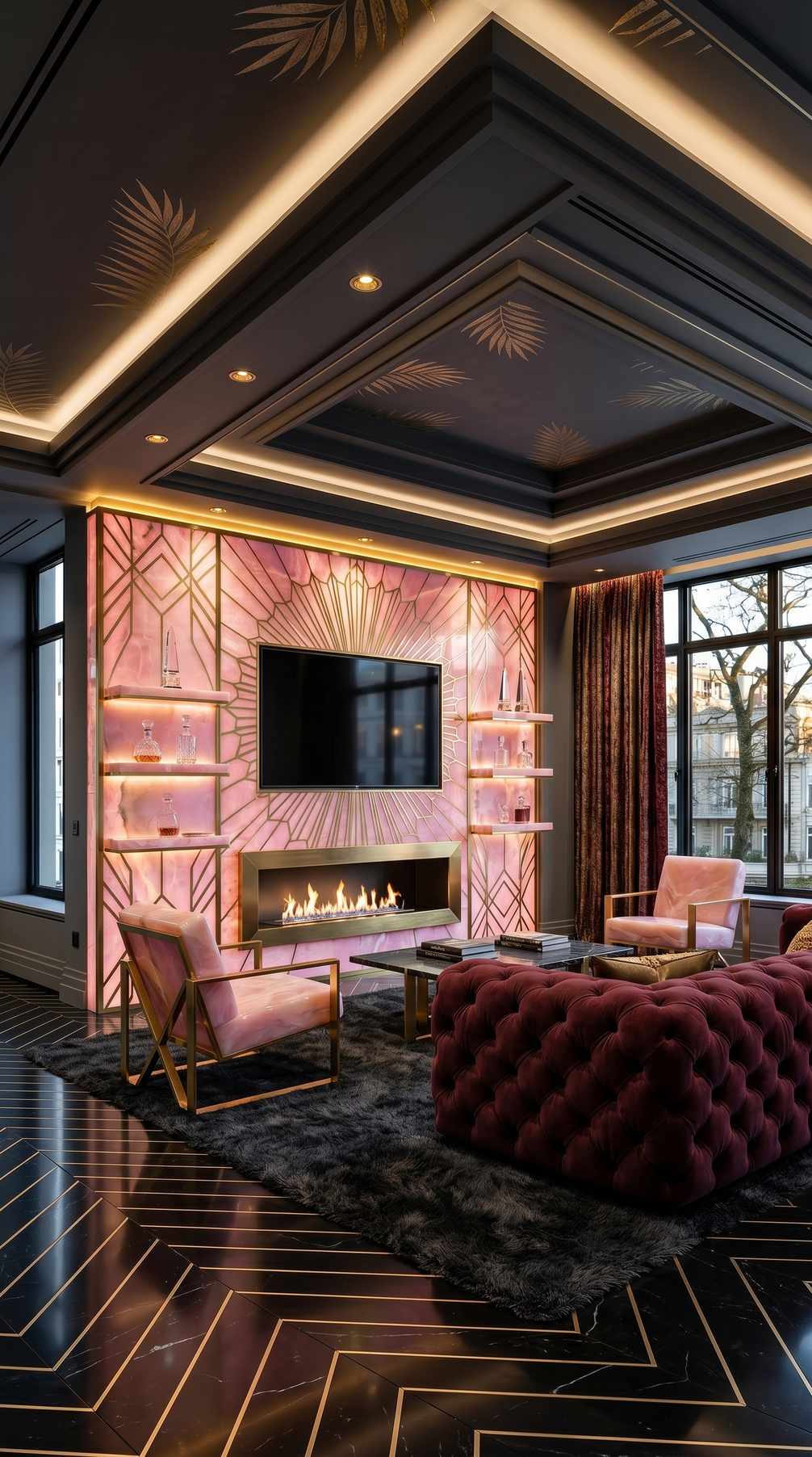 AI-generated Luxe Onyx Pink media wall with intense backlit pink onyx panels, recessed TV with gold geometric sunburst inlay, and burgundy velvet sofa
