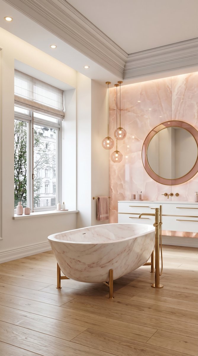 AI-generated Modern Onyx Pink bathroom with soft pink onyx accent wall, white marble bathtub, and brass globe pendant lights