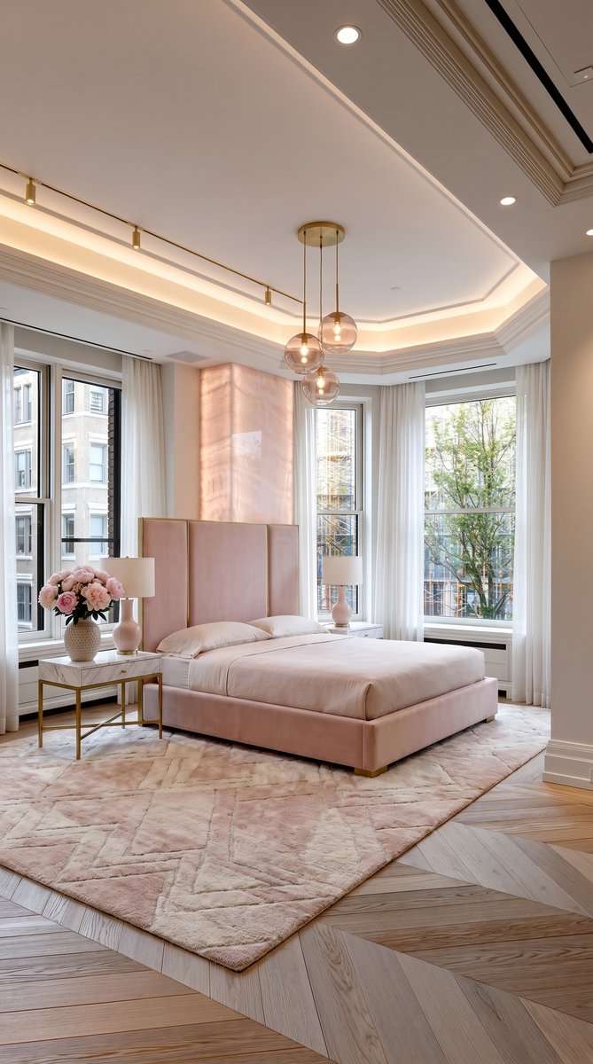 AI-generated Modern Onyx Pink bedroom with soft pink onyx accent wall, blush pink velvet bed, and brass globe pendant lights