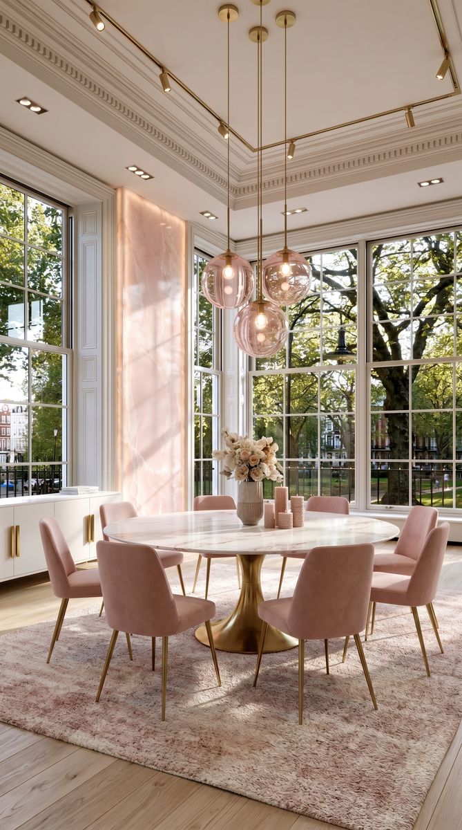 AI-generated Modern Onyx Pink dining room with soft pink onyx accent wall, white marble dining table, and brass globe pendant lights
