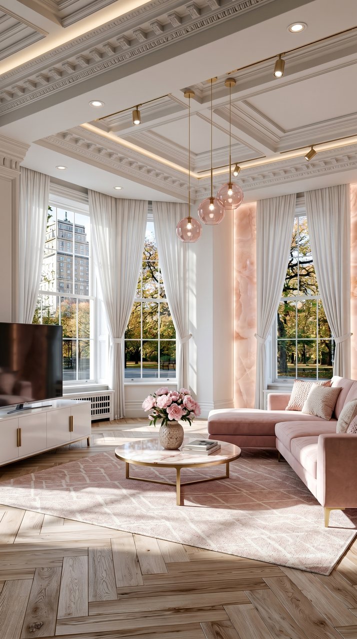 AI-generated Modern Onyx Pink living room with soft pink onyx accent wall, blush pink velvet sofa, and brass globe pendant lights