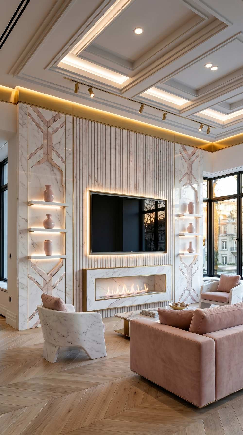 Modern onyx pink media wall with soft colour and refined finishes