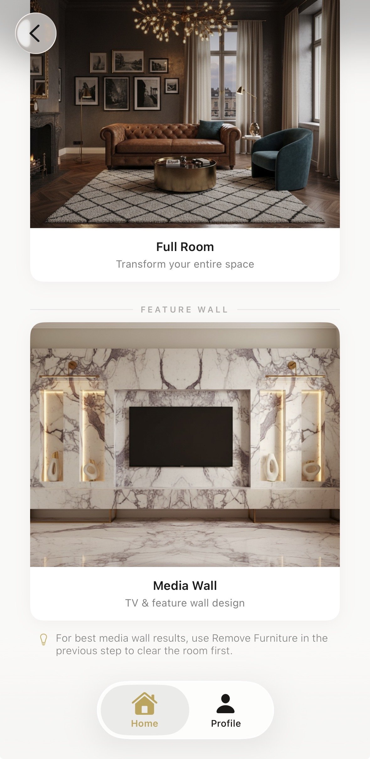 Aspire Interiors app screen showing design category selection: Media Wall and Full Room options