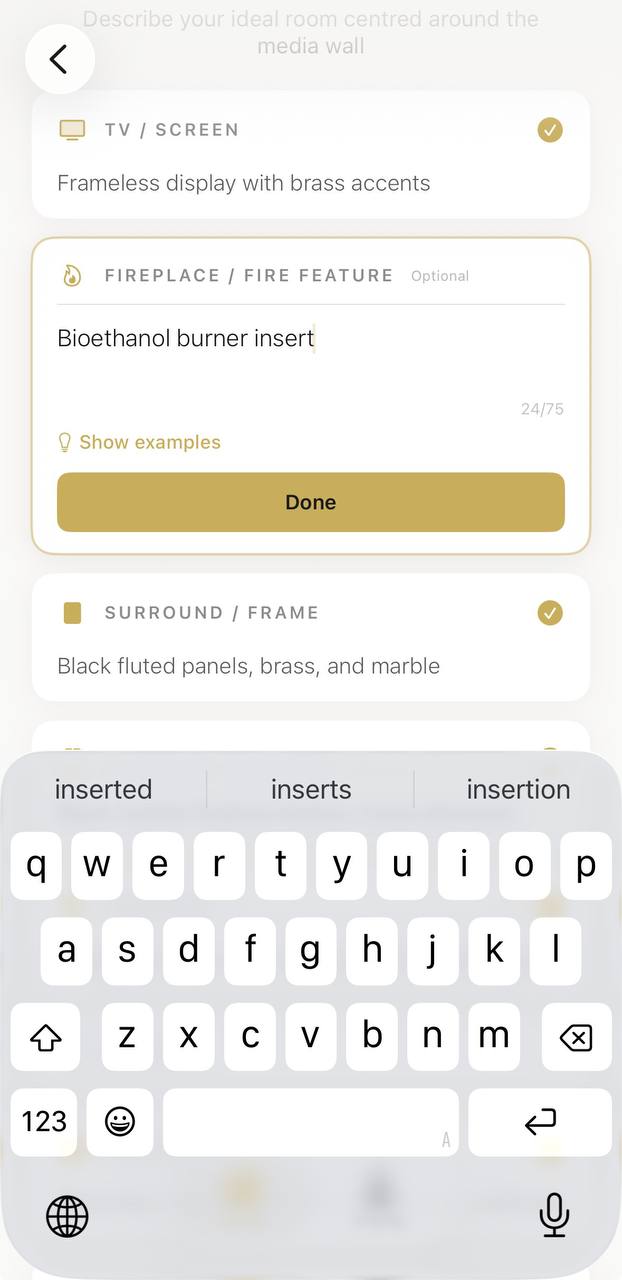 Aspire Interiors app showing user manually adding bioethanol burner insert details in the Additional Instructions field
