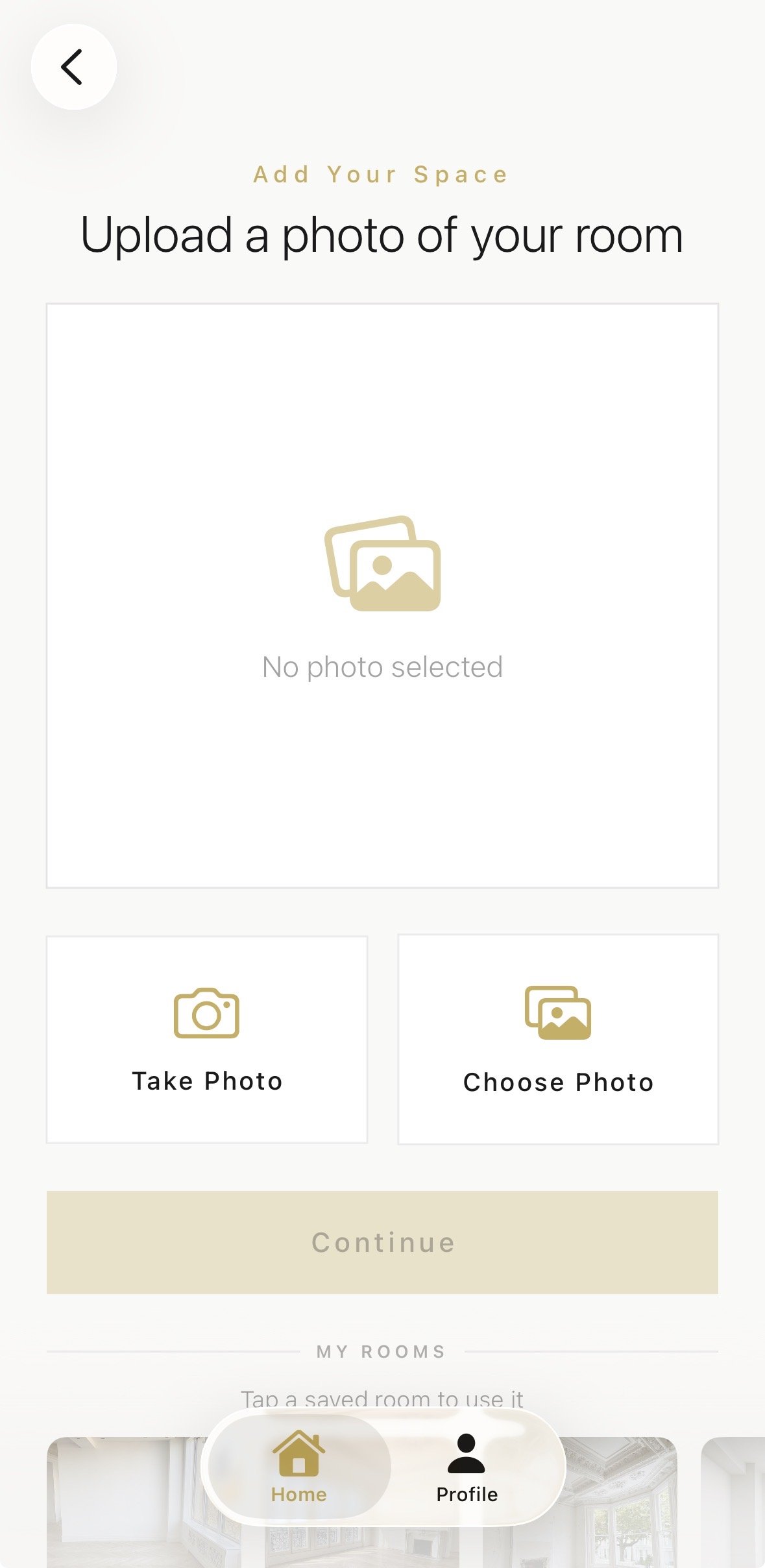 Aspire Interiors app screen showing room photo upload options: Take Photo or Choose Photo