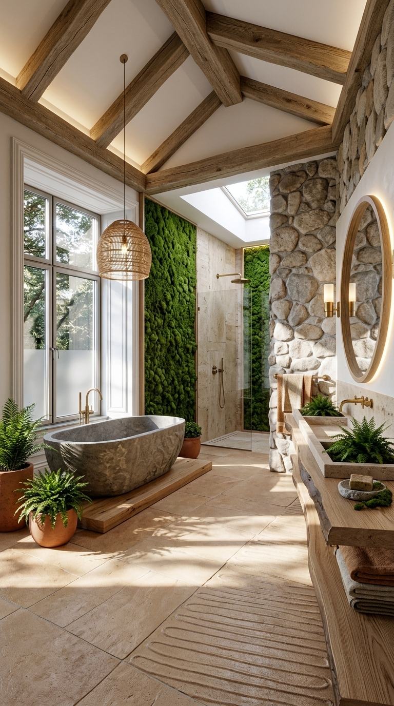 Biophilic bathroom with freestanding stone bath, living moss shower wall and oak vanity