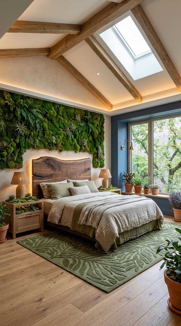 Biophilic bedroom with living moss wall, live-edge walnut headboard and dusk blue accent wall
