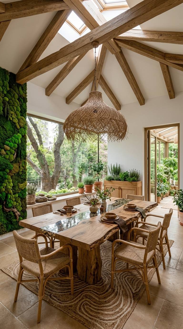 Biophilic dining room with live-edge oak table, rattan chairs and garden-view window wall