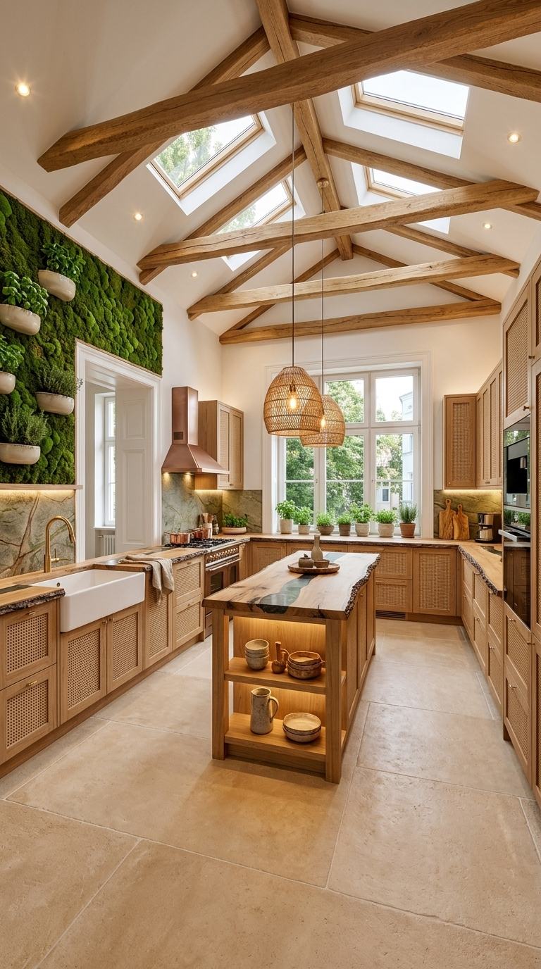 Biophilic kitchen with living moss wall, natural oak cabinets with rattan inserts and skylights
