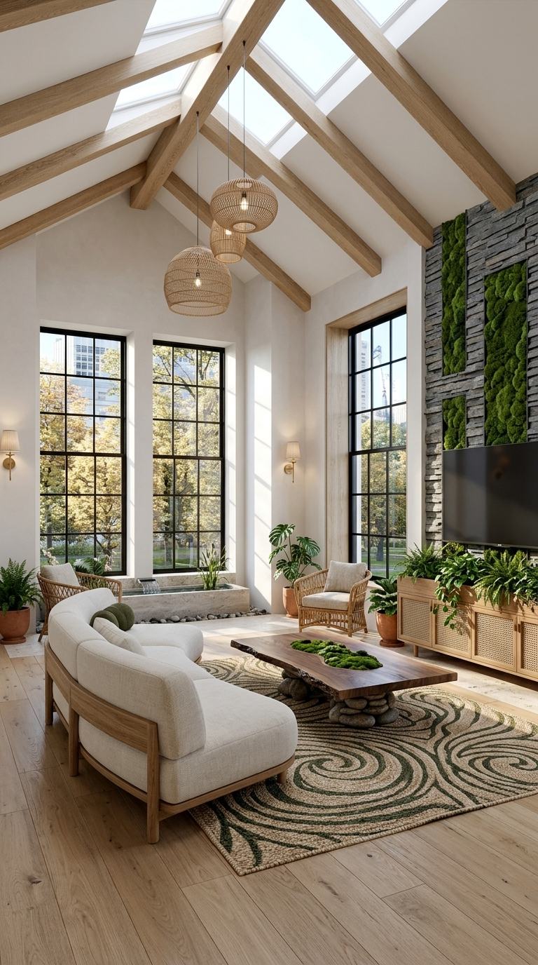 Biophilic living room with curved linen sofa, live-edge walnut coffee table and stacked-stone moss wall