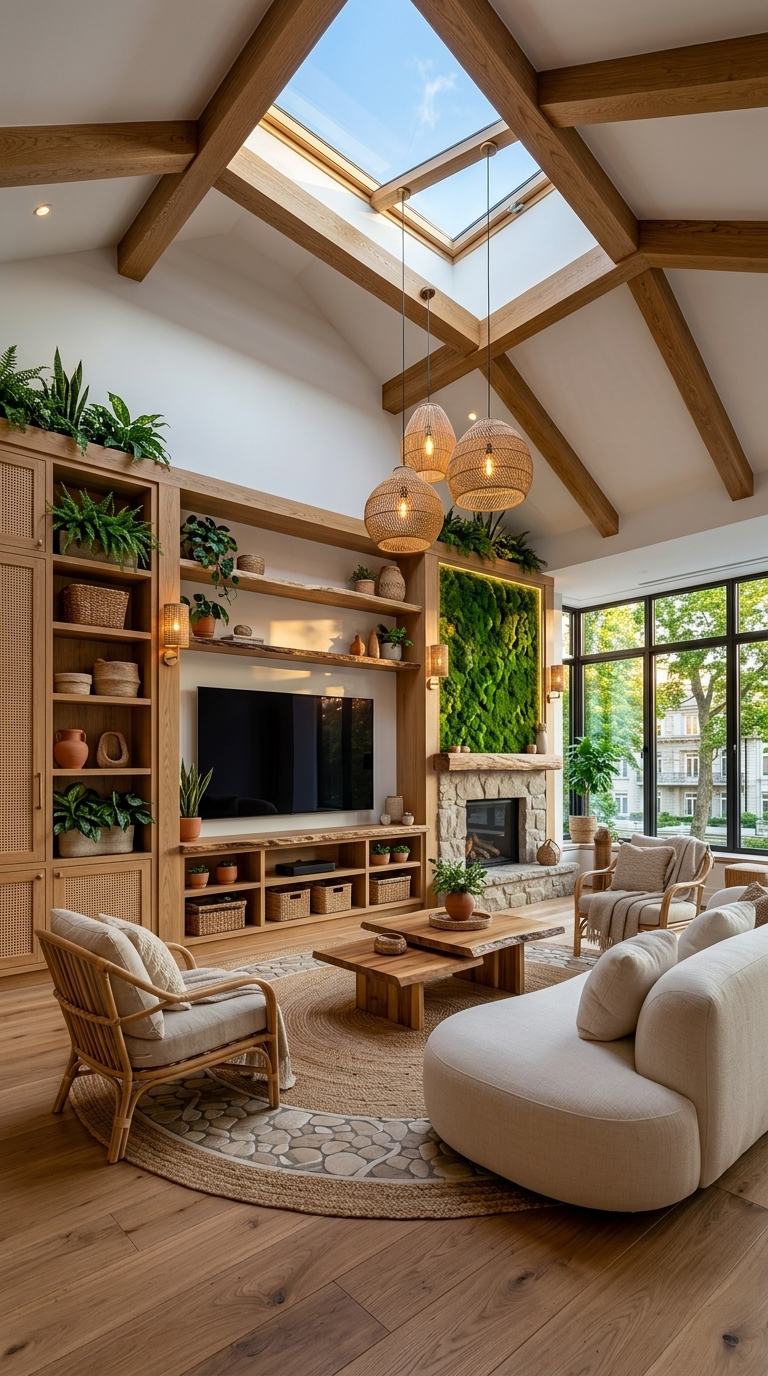 Biophilic media wall with natural oak built-ins, stone fireplace and living moss panel