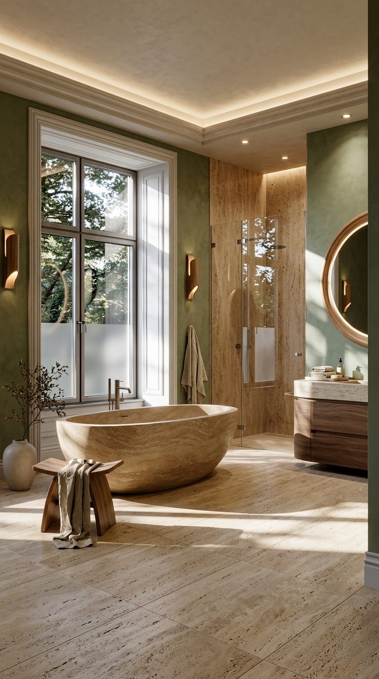 Earth Minimal bathroom with curved stone bath, travertine tiles and moss green limewash walls