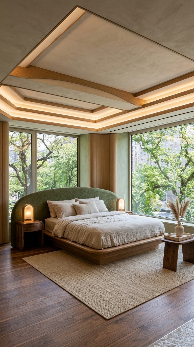 Earth Minimal bedroom with curved oak platform bed, moss green boucle headboard and cove lighting