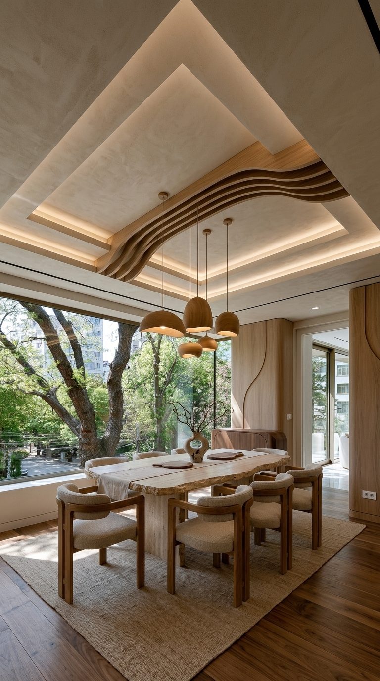 Earth Minimal dining room with travertine table, curved oak chairs and sculptural oak ceiling