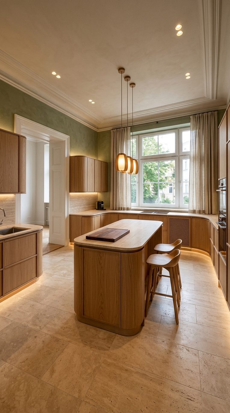 Earth Minimal kitchen with curved oak cabinets, travertine worktops and moss green limewash walls