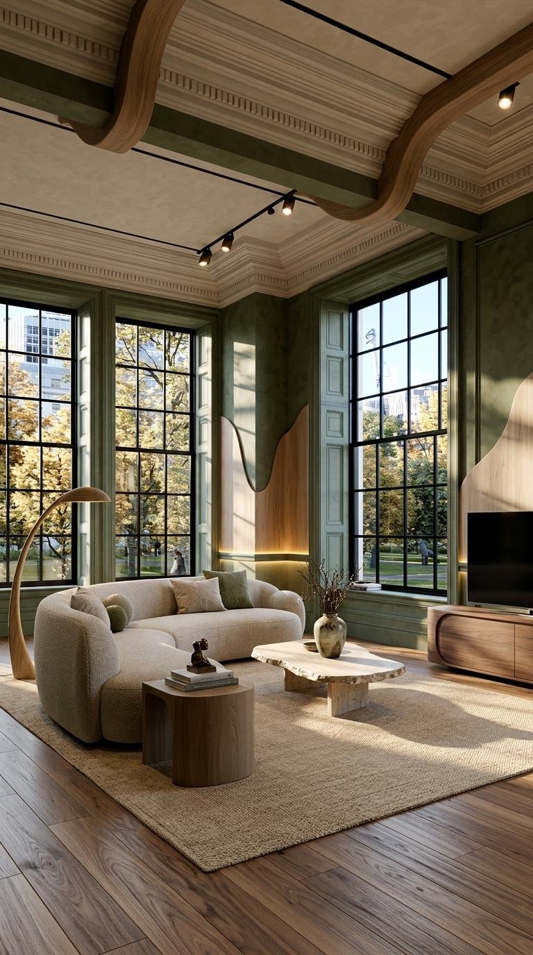 Earth Minimal living room with curved oatmeal boucle sofa, travertine coffee table and curved oak wall panels
