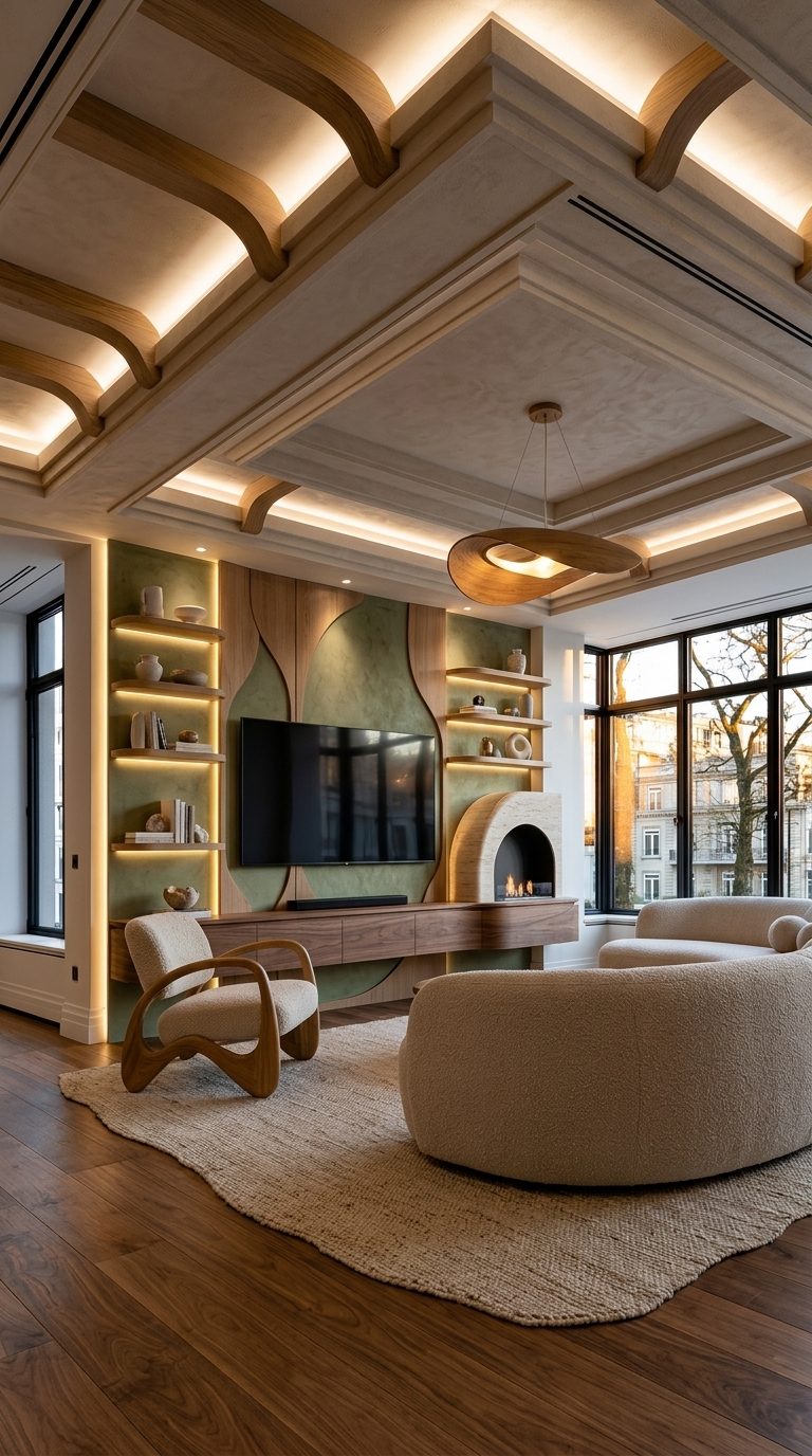 Earth Minimal media wall with moss green limewash, curved walnut unit and travertine fireplace