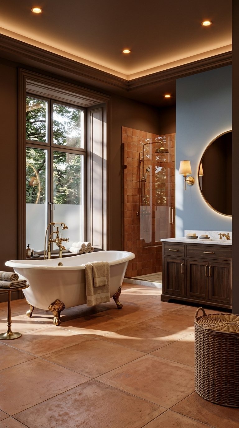 Earthy paint colours bathroom with clawfoot bath, terracotta tiles and dusty blue vanity wall