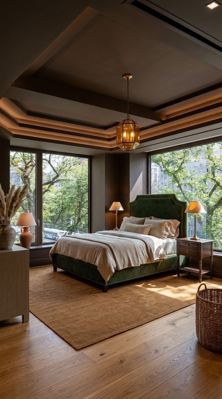 Earthy paint colours bedroom with forest green velvet bed, burnt umber walls and brass lantern pendant