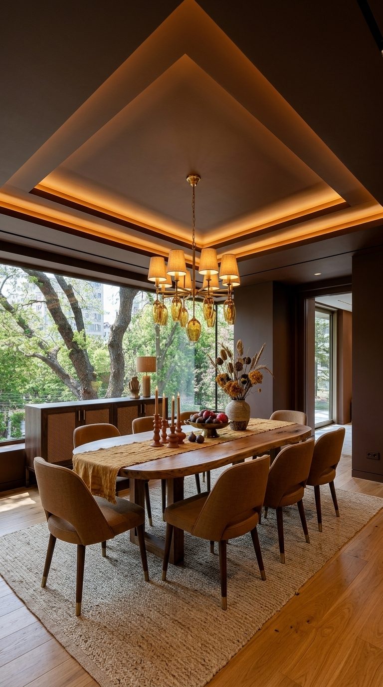 Earthy paint colours dining room with oval oak table, caramel linen chairs and brass chandelier