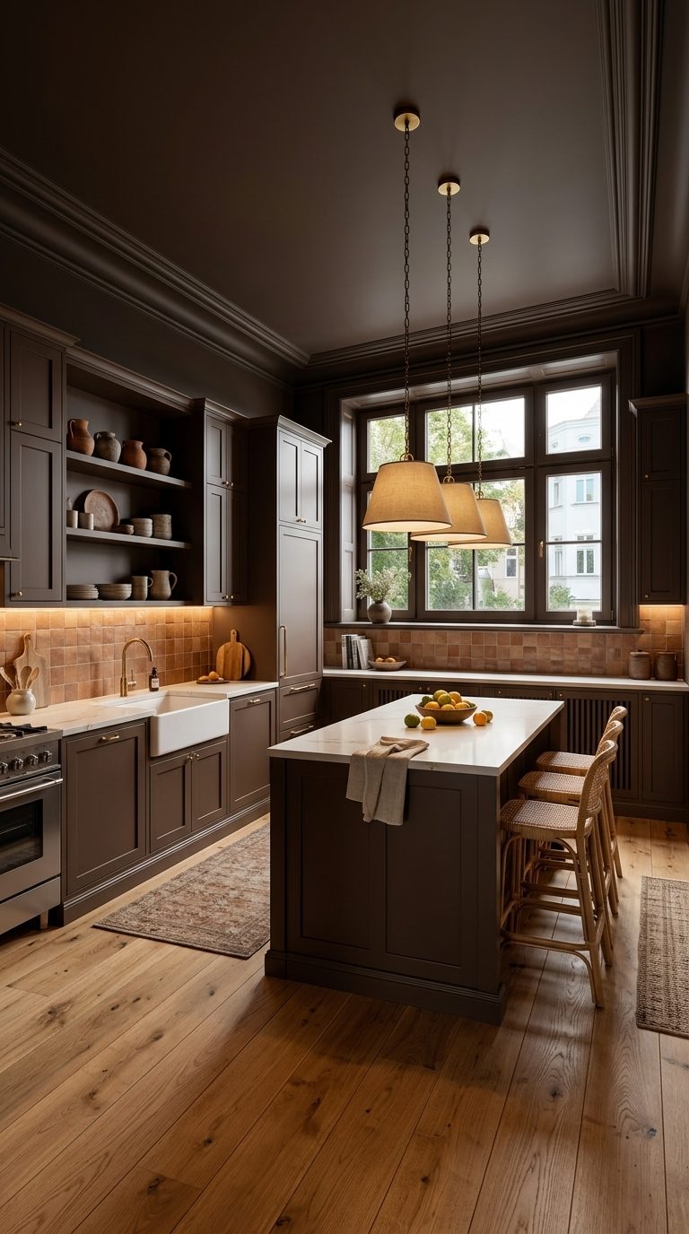 Earthy paint colours kitchen with chocolate brown Shaker cabinets, terracotta backsplash and colour-drenched burnt umber walls