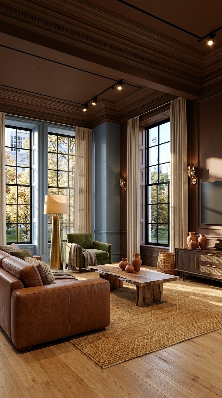 Earthy paint colours living room with cognac leather sofa, burnt umber walls and dusty blue accent alcove