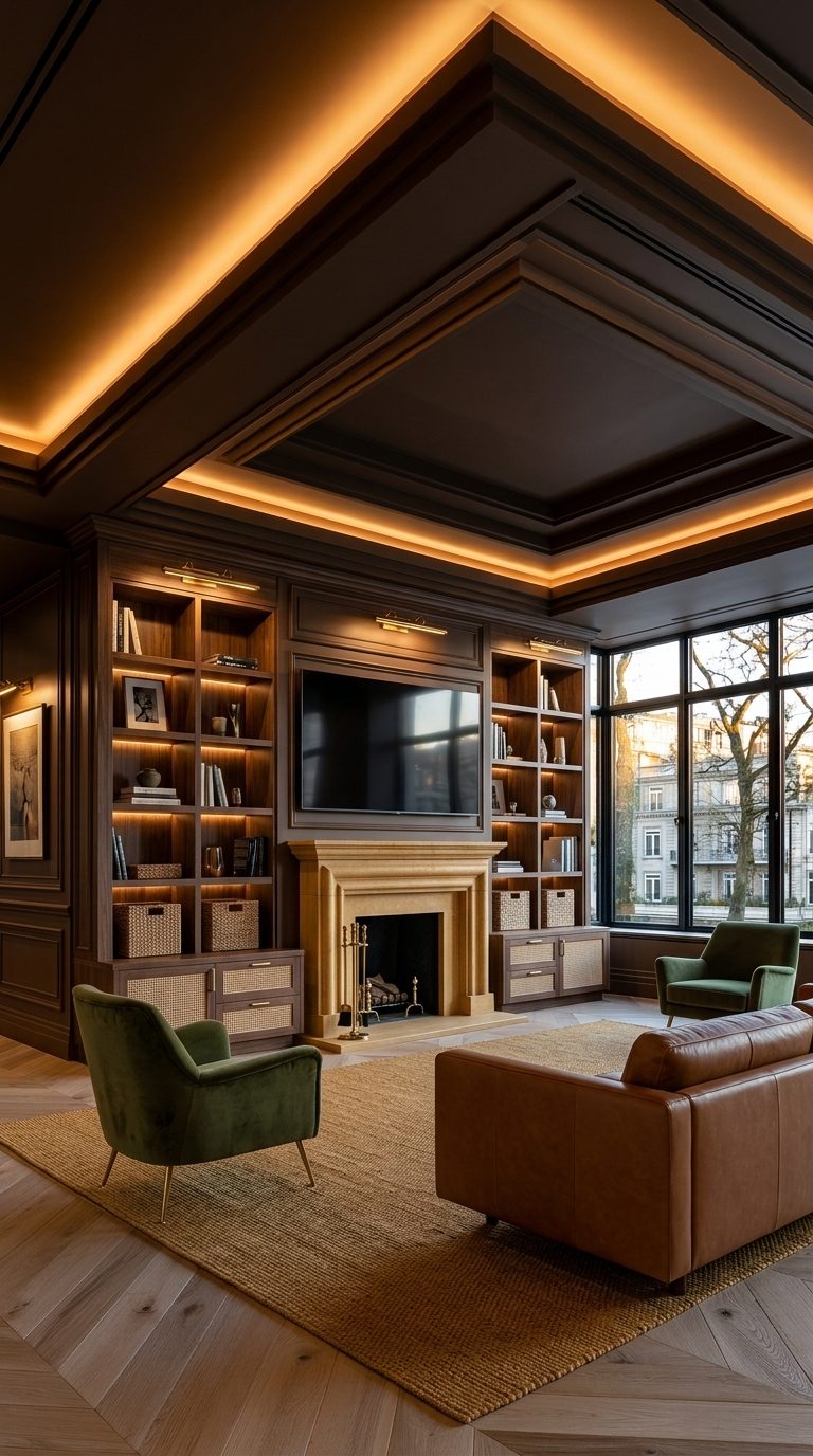 Earthy paint colours media wall with burnt umber panelling, stone fireplace and walnut bookshelves