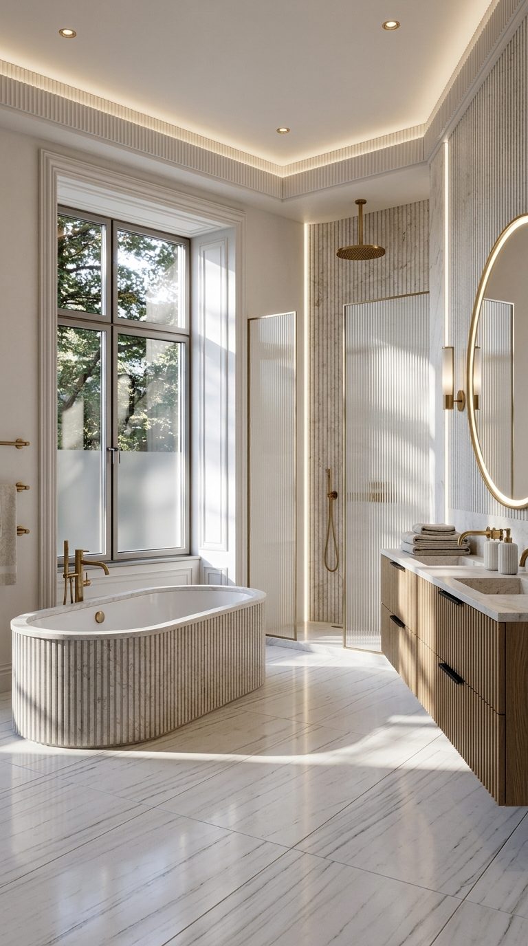 Fluted millwork bathroom with fluted stone bath surround, reeded glass shower and fluted oak vanity