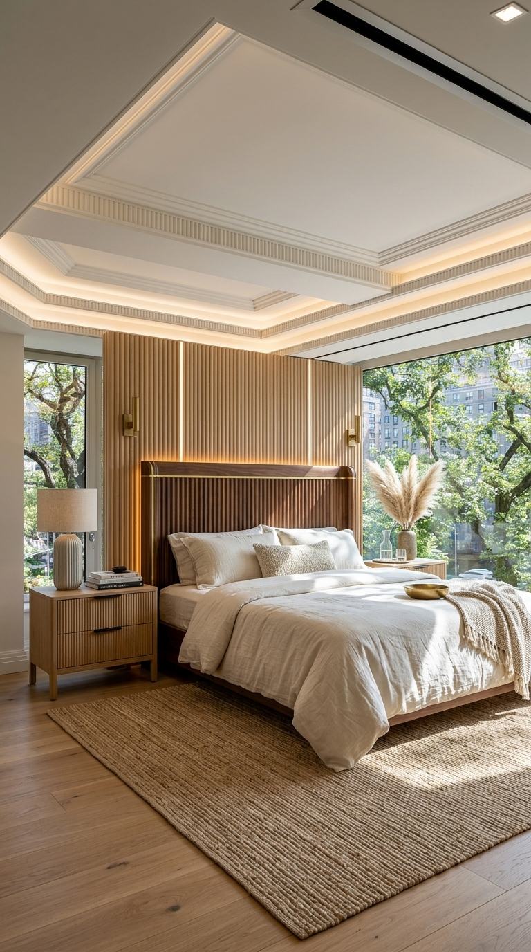 Fluted millwork bedroom with LED-backlit fluted walnut headboard and reeded oak nightstands