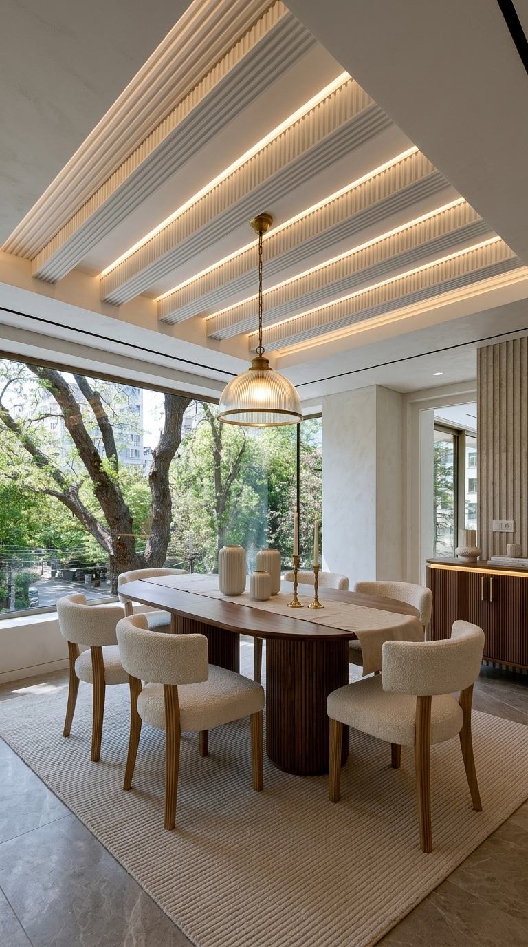 Fluted millwork dining room with oval walnut fluted pedestal table, boucle chairs and fluted glass pendant