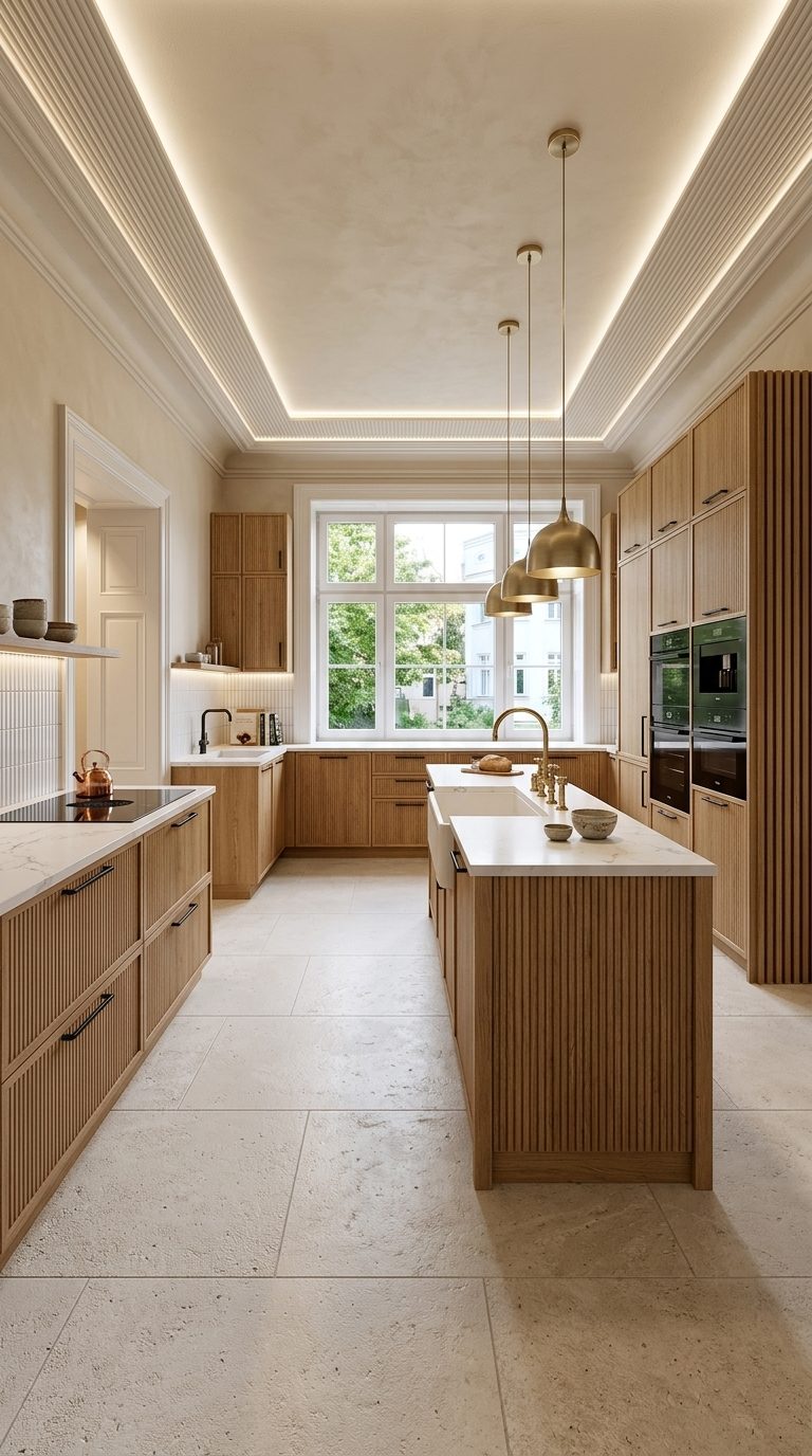 Fluted millwork kitchen with fluted natural oak cabinets, fluted island and brass dome pendants