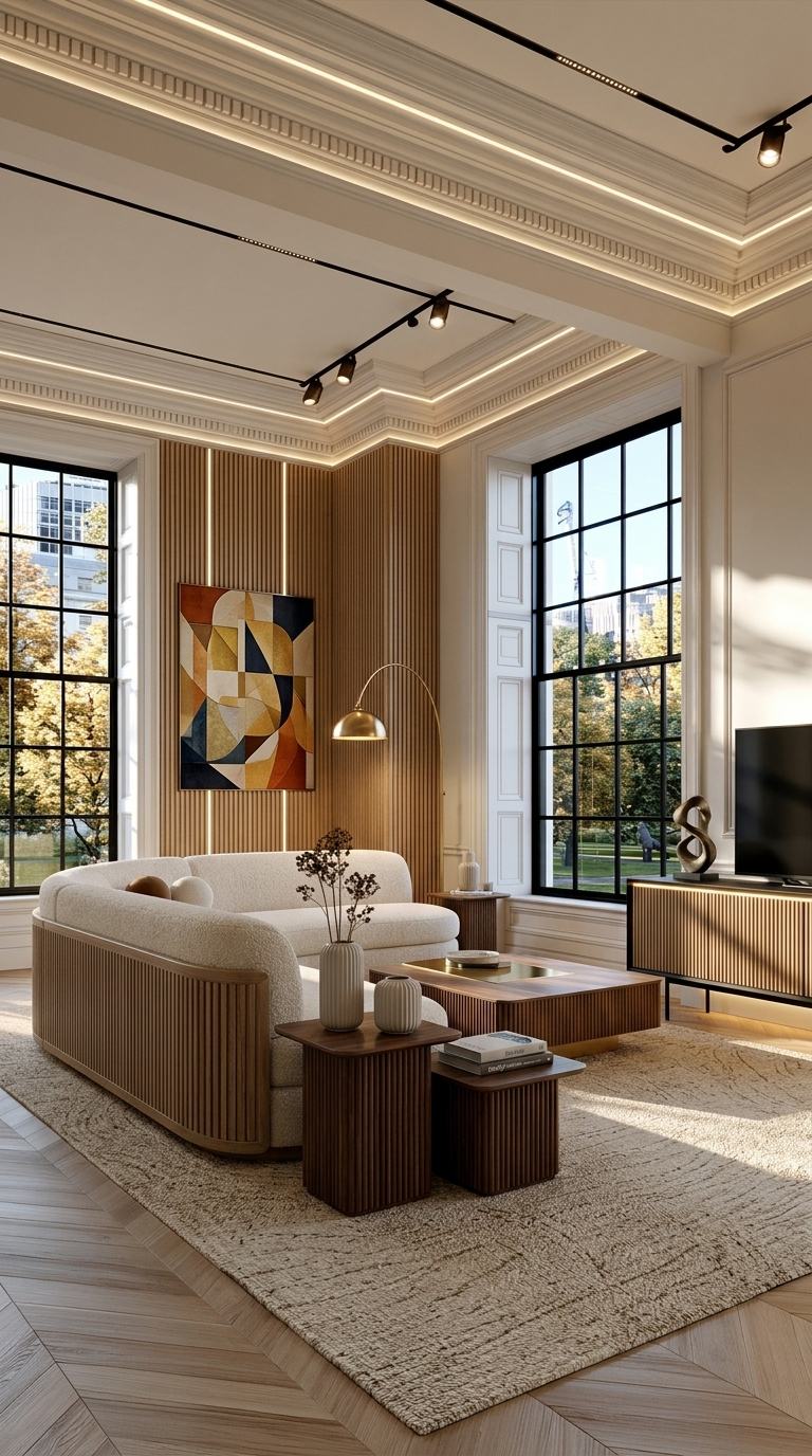 Fluted millwork living room with curved boucle sofa with fluted walnut panels and LED-lit fluted wall panels