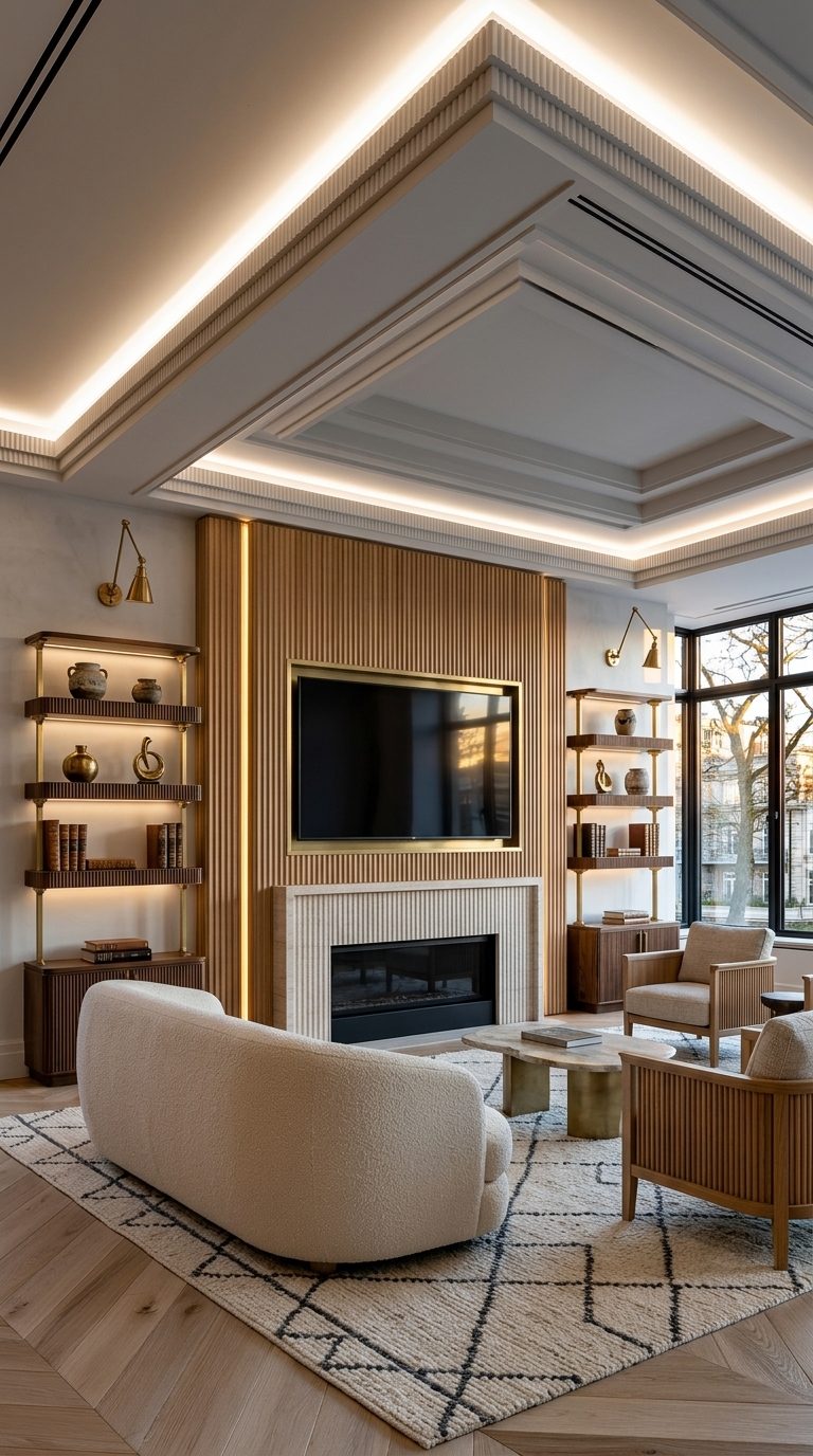Fluted millwork media wall with floor-to-ceiling fluted oak panels, LED strips and fluted stone fireplace