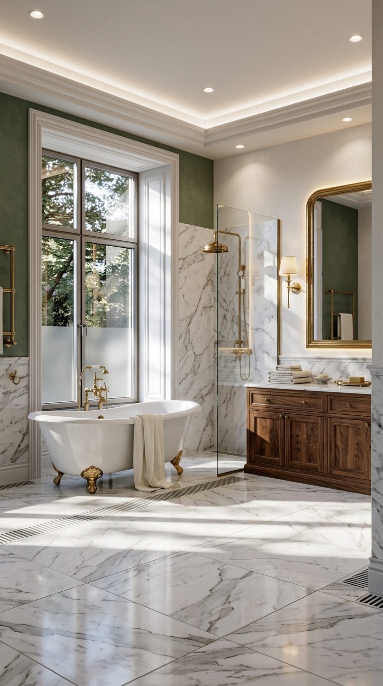 Heritage Layers bathroom with clawfoot tub, marble wainscoting and walnut vanity