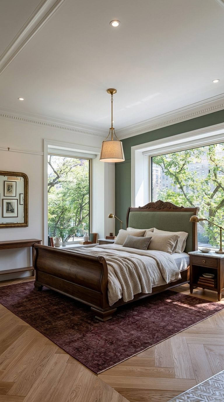 Heritage Layers bedroom with walnut sleigh bed, sage green headboard and burgundy wool rug