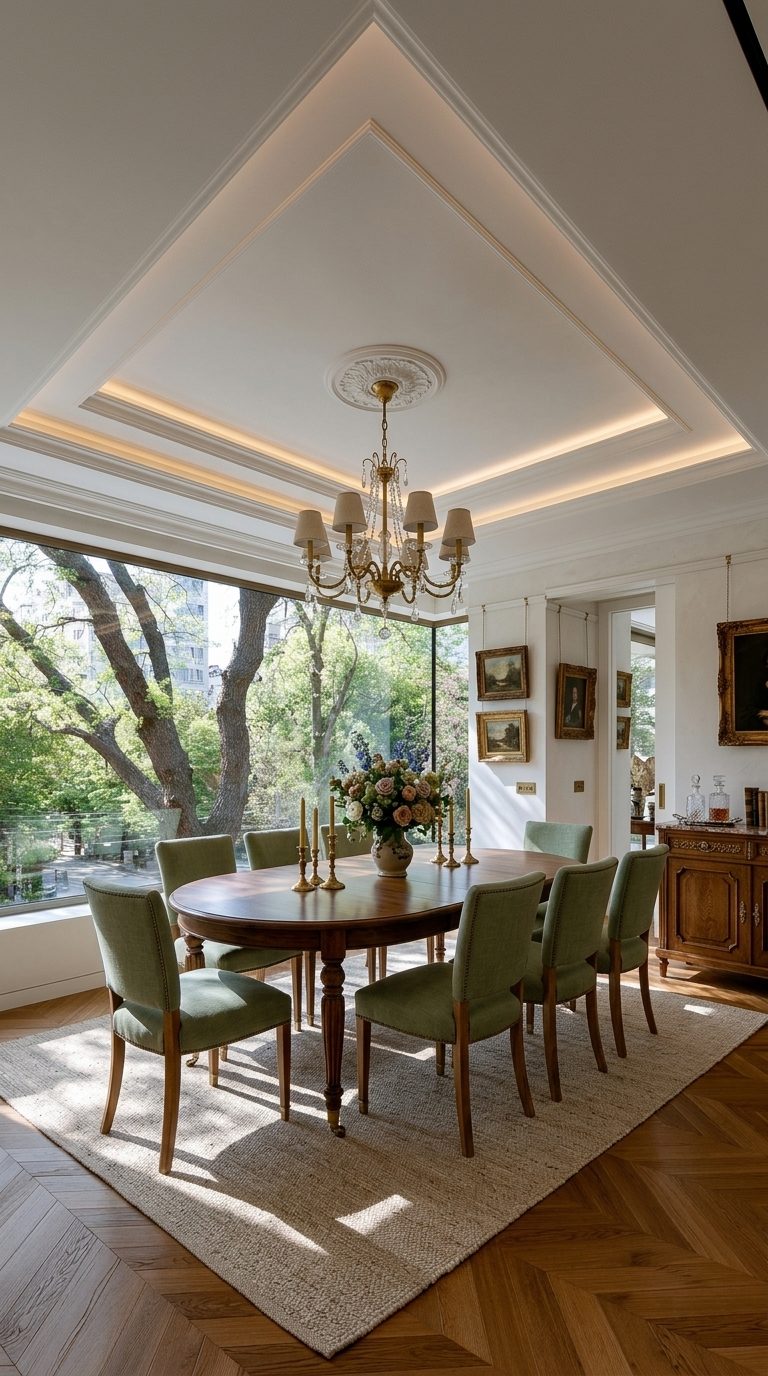 Heritage Layers dining room with oval walnut table, sage linen pine chairs and brass chandelier