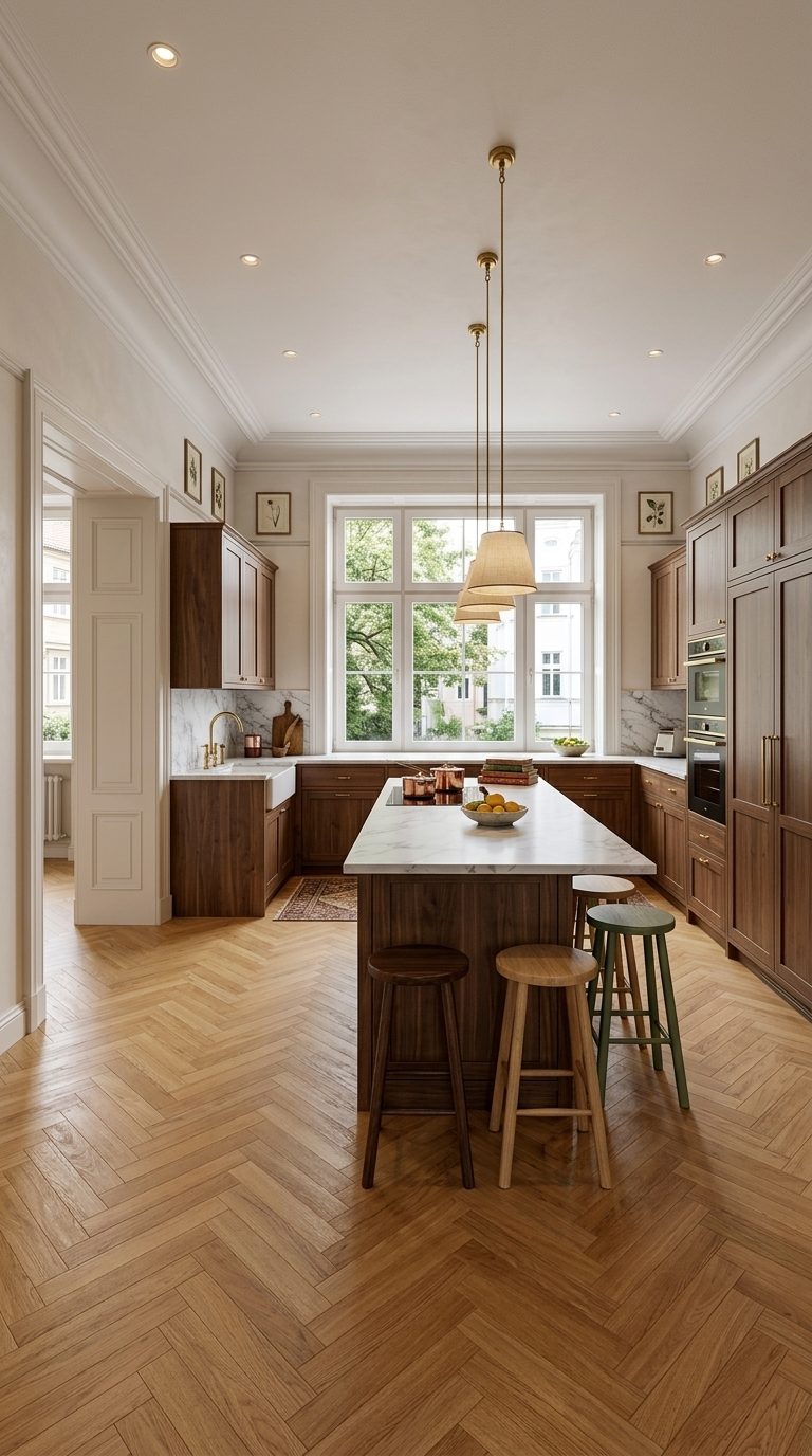 Heritage Layers kitchen with walnut inset cabinets, marble worktops, herringbone oak floor and mixed wood bar stools