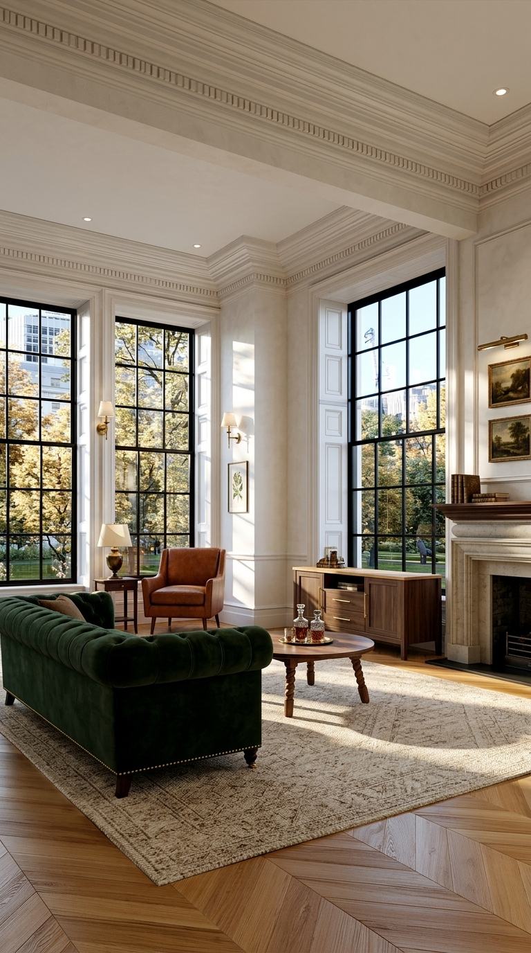 Heritage Layers living room with green velvet Chesterfield, marble fireplace and mixed wood furniture