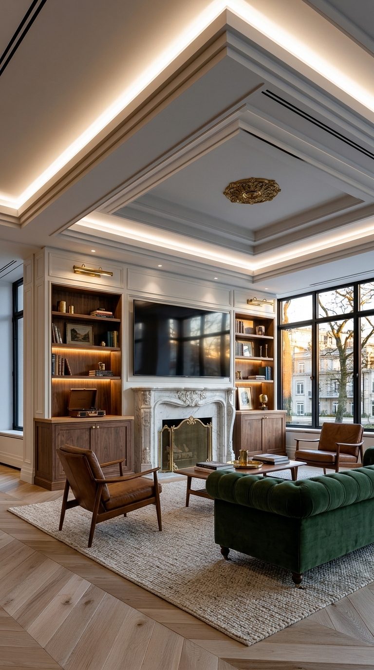 Heritage Layers media wall with marble fireplace, built-in walnut shelves and brass picture lights