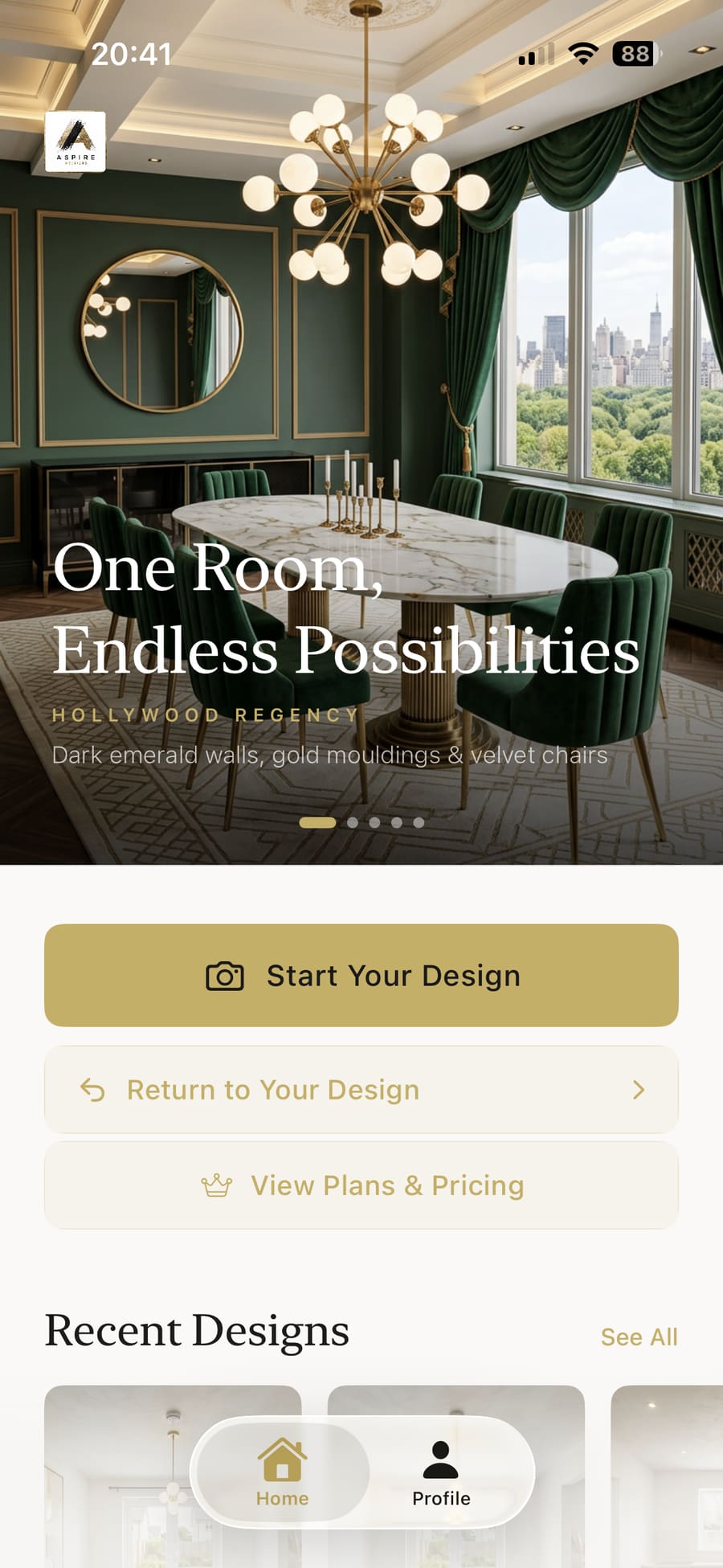 Aspire Interiors app home screen with Start Your Design button