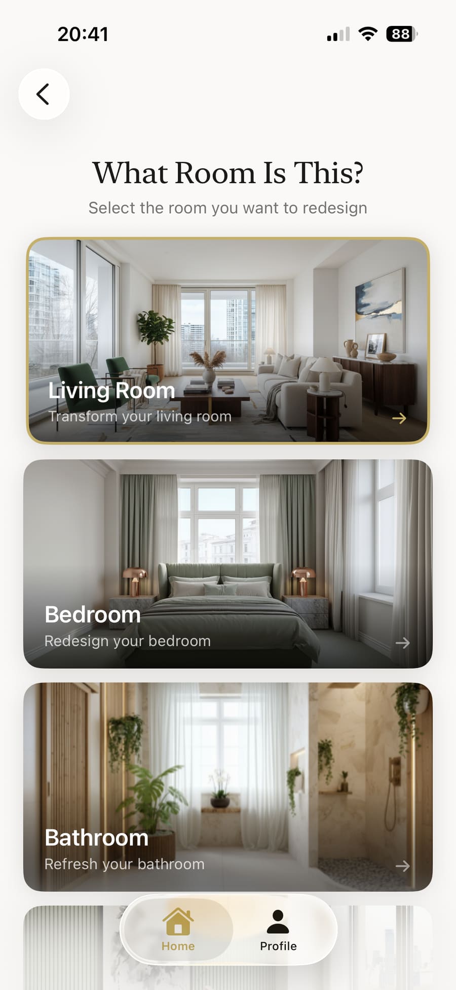 Room picker showing Living Room, Bedroom and Bathroom — Bathroom selected