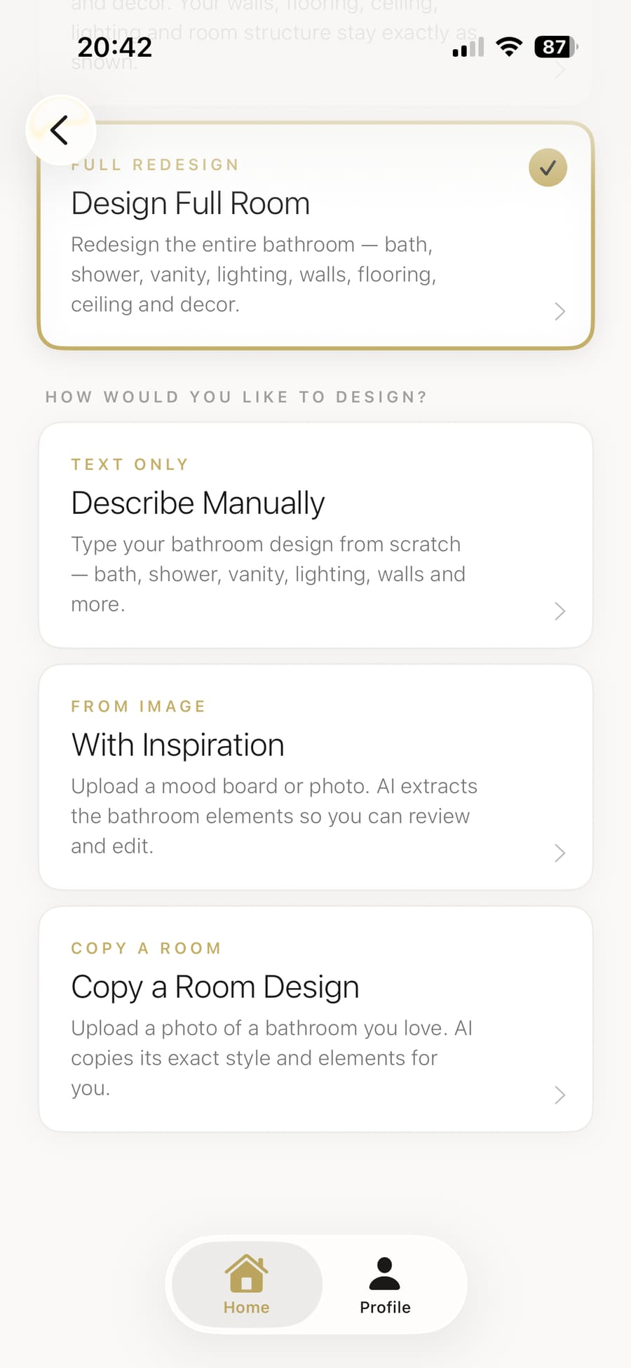 Choosing between Manual entry, Inspiration image upload, or Copy a Room Design
