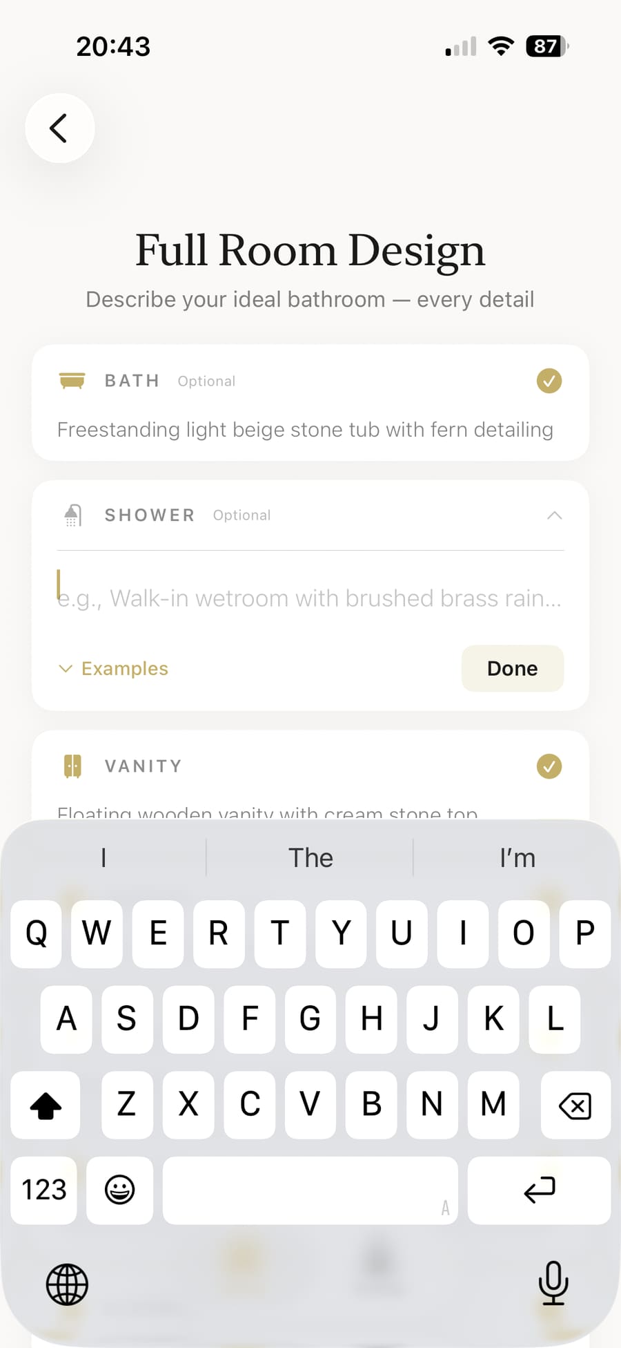 Extracted mood board information populating the bathroom design fields