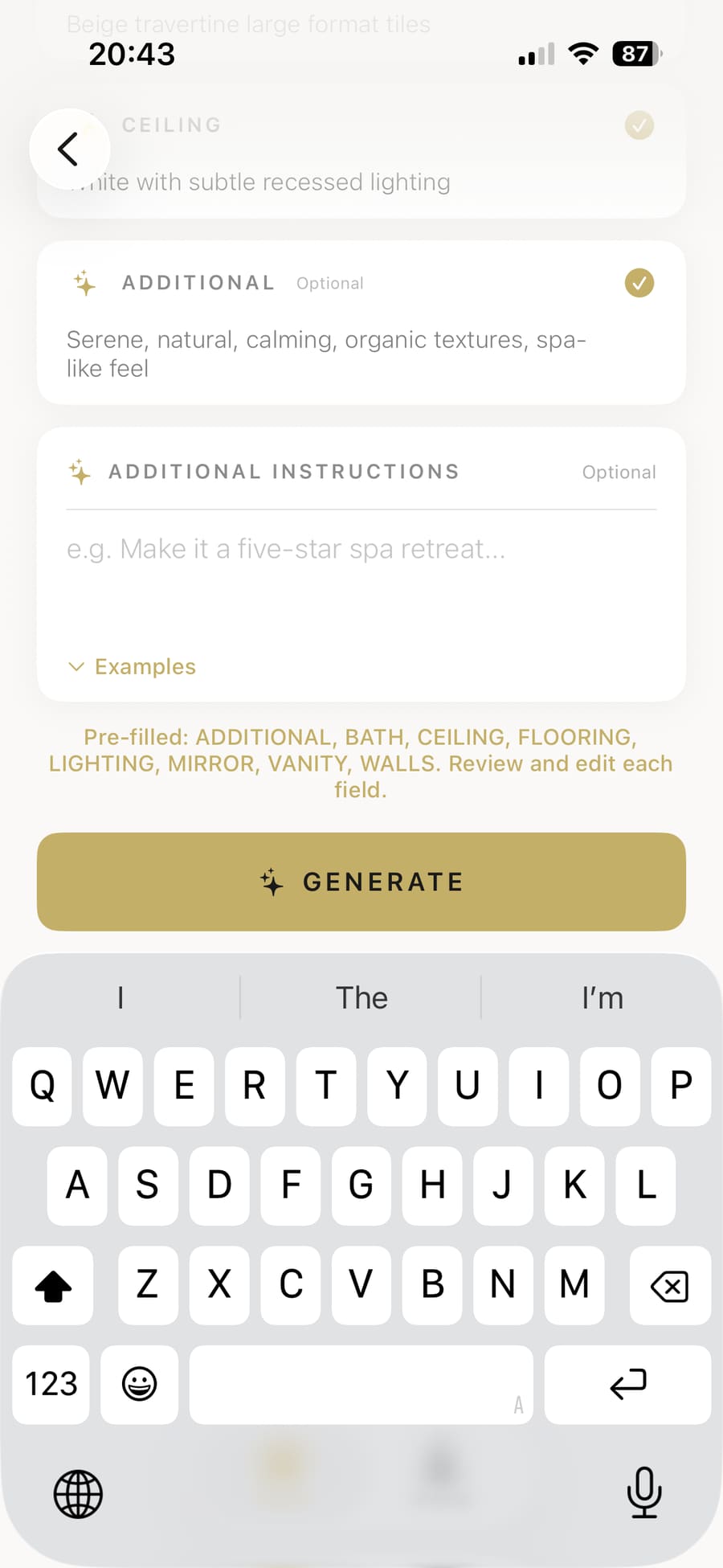 More extracted bathroom fields with the button to generate the design